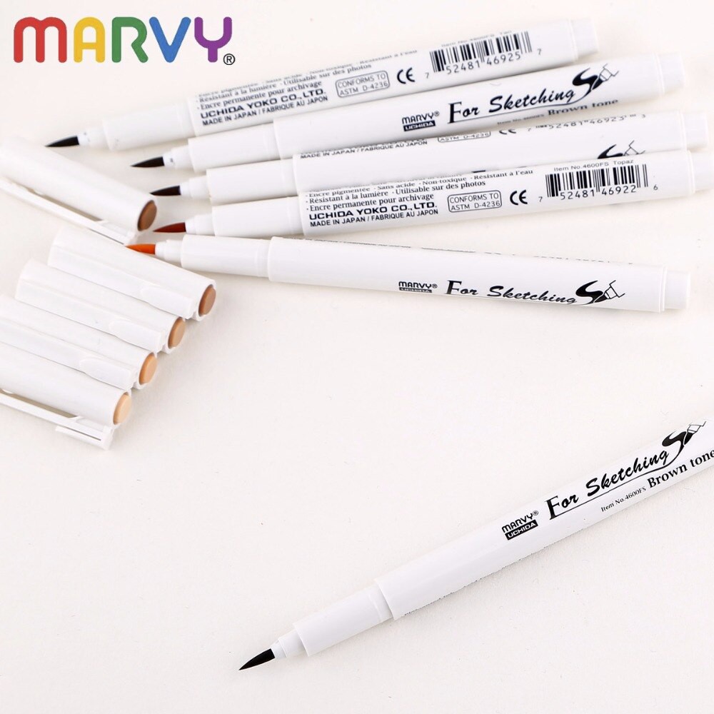 Bộ Bút Marvy 4600 Ngòi Brush Drawing Pen Tone Xám/Tone Nâu (Bộ 6 cây)