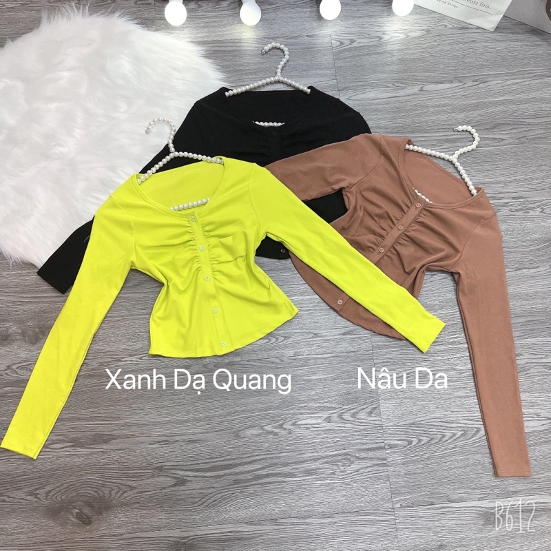 Áo thun Croptop body Tay Dài Nhún phối cúc