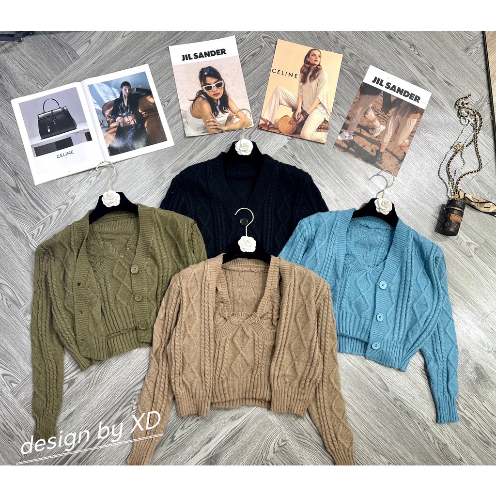 Set áo cardigan len gân thừng áo 2 dây hot hàng QC