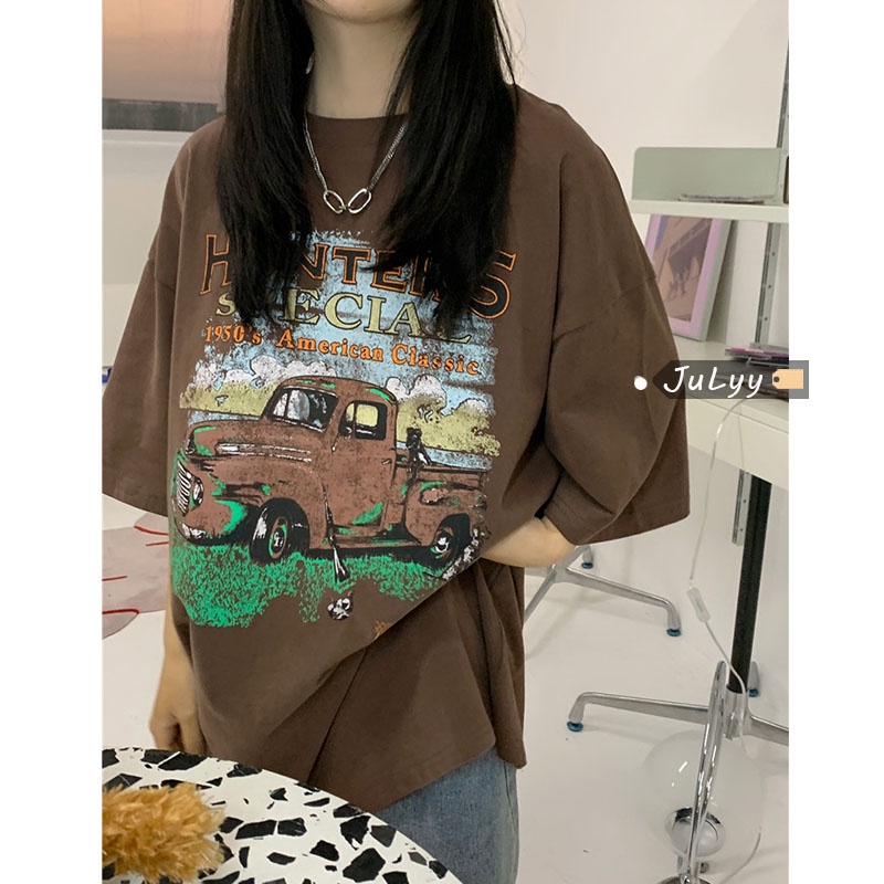 áo phông nữ Áo Thun Ngắn Tay Dáng Rộng In Họa Tiết Kiểu Retro Mỹ Cá Tính
