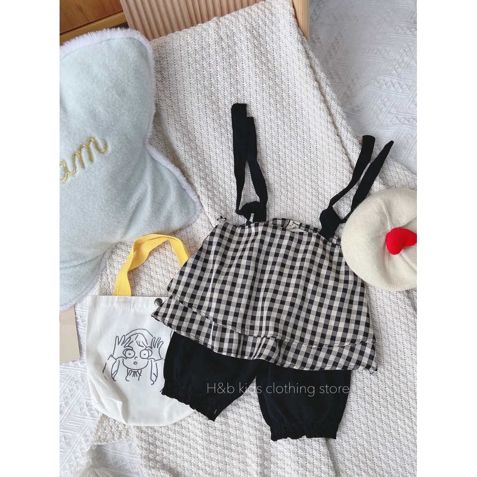 Bộ bé gái 2 dây caro  bánh bèo mùa hè cho bé từ 0-6 tuổi