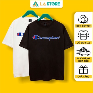 Áo Thun Unisex Cotton Champion Logo Lớn Form Rộng Tay Lỡ Nam Nữ Có Big Size | LẠ STORE
