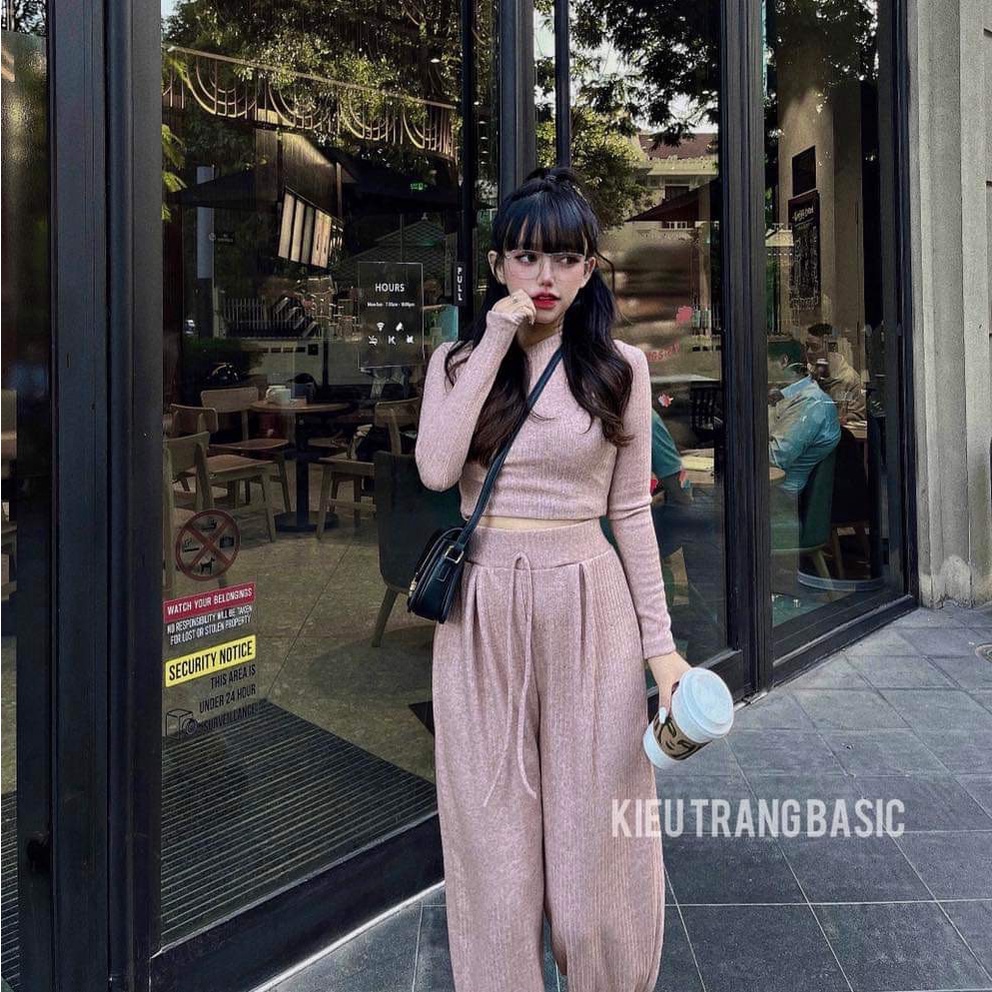 Set Bộ Nữ Áo Croptop Dài Tay Quần Jogger Cạp Cao Chât Len Dày Hàng FreeSize