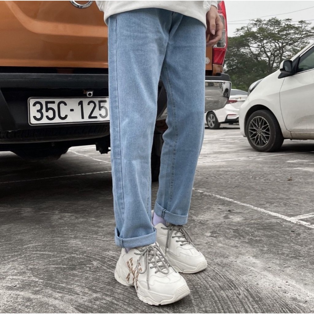 Quần jeans ống rộng nam nữ màu xanh phong cách unisex , quần baggy vải jeans không phai màu V12