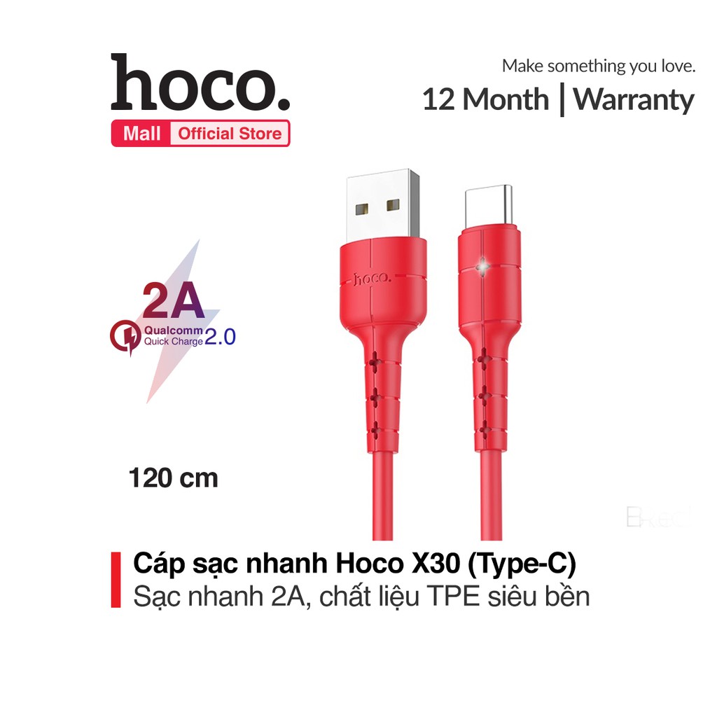 Cáp sạc USB Type C Hoco X30 dài 1.2m sạc nhanh 2.0A, có đèn LED báo sạc