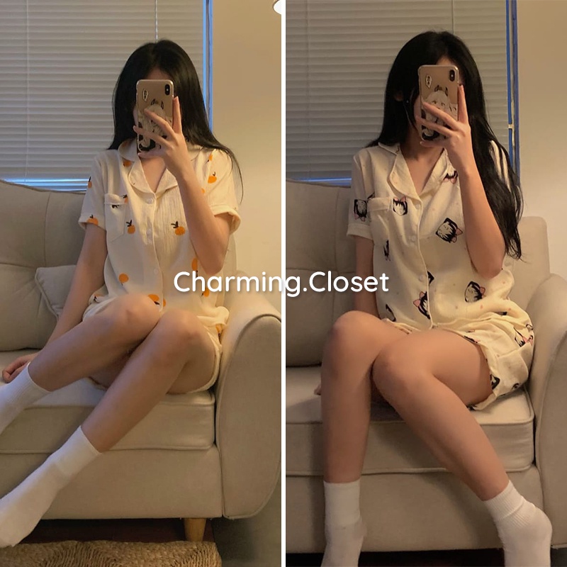 [Ảnh thật] Bộ Pijama Nữ Cộc Tay Chất Đũi Cổ 2 Ve Họa Tiết Dễ Thương, Bộ Mặc Nhà Nữ