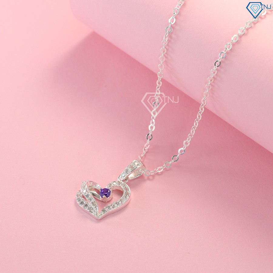 Dây chuyền bạc nữ, vòng cổ bạc nữ giá rẻ mặt trái tim đính đá tím DCN0233 - TNJ