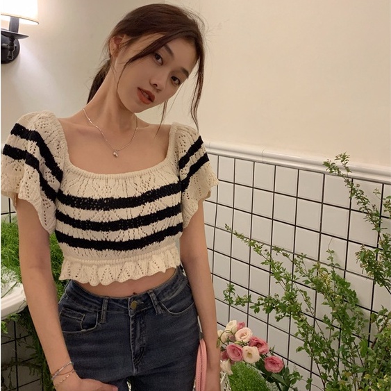 Áo Dệt Kim Ngắn Tay Họa Tiết Kẻ Sọc Thời Trang Hàn Quốc Cho Nữ