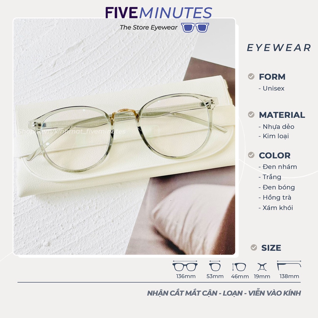 Gọng kính cận nam nữ, chất liệu nhựa dẻo cầu kim loại 209 Fiveminutes Unisex Nam nữ