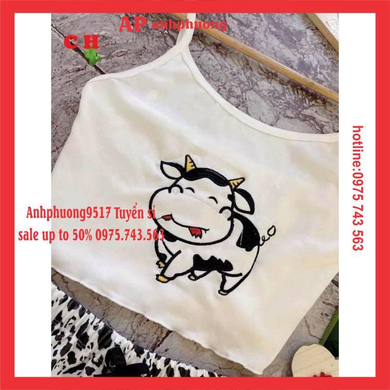 Sét Bộ Nữ Áo Croptop+  Áo 2 dây Bò Sữa + Quần Short Loang 🦋 Đồ Ngủ Mặc Nhà  Họa tiết Hoạt hình Unisex; Sexy; Kute