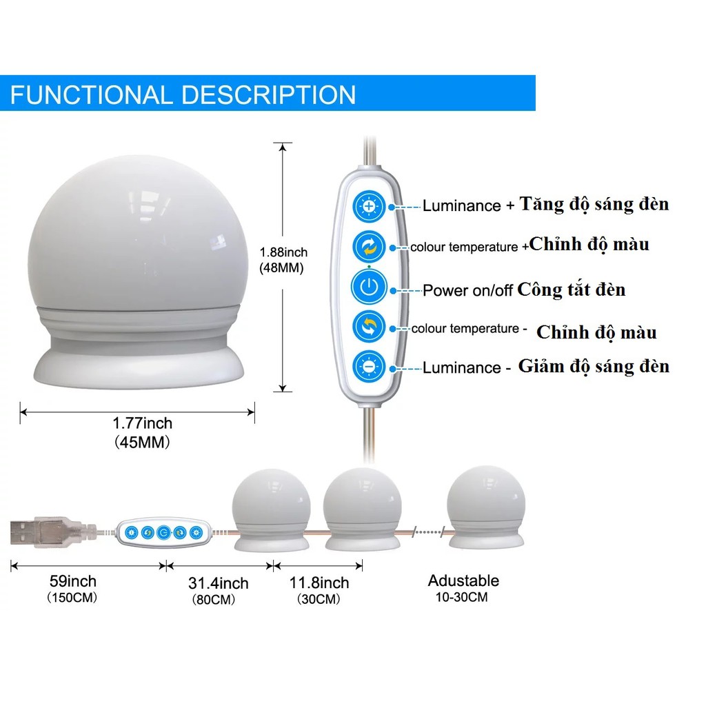 Bộ đèn gương trang điểm điều chỉnh được độ sáng , màu đèn