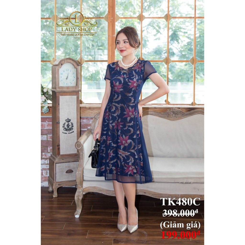 VÁY QUÝ BÀ TRUNG NIÊN CAO CẤP - LADYSHOP - Đầm 2 lớp xanh hoa dâm bụt cổ đá TK480 | BigBuy360 - bigbuy360.vn