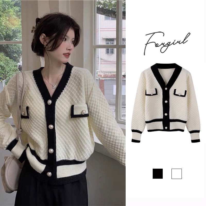 Áo cardigan len mắt lưới Forgirl phối cúc có viền