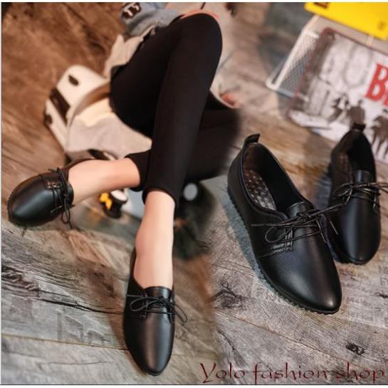 Giày oxford nữ đế bằng da mềm mũi nhọn buộc dây đơn giản