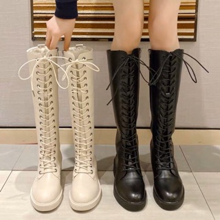 Boots martin cổ cao cho nữ đan dây đế 3cm lót lông có khoá kéo