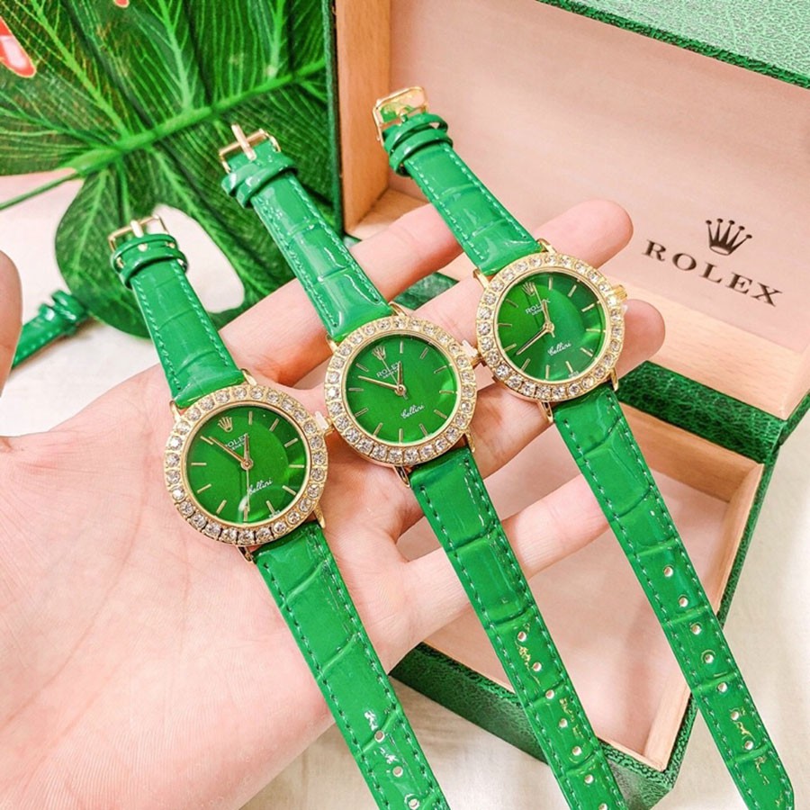 Đồng hồ nữ rolex viền đính đá dây da cao cấp đủ màu - bảo hành