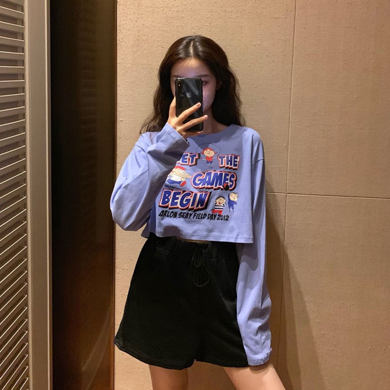 Áo Thun Croptop Tay Dài Kiểu Hàn Quốc 2 Màu Lựa Chọn Cho Nữ