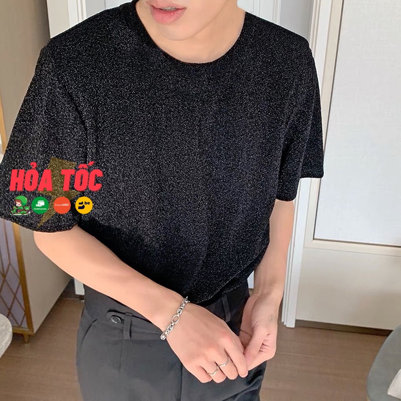 Áo thun nam sang trọng vải dệt kim tuyến màu ĐEN lấp lánh