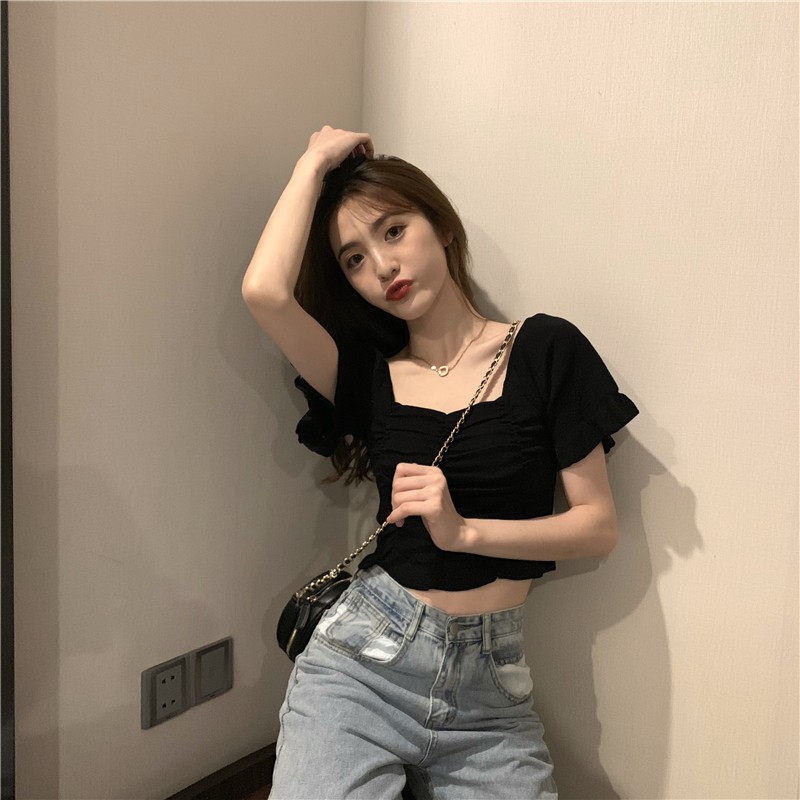 Áo cổ vuông rúm ngực chất len tăm co giãn Hàn Quốc, Áo peplum ulzzang nhún freesize điệu đà cực xinh tôn dáng | BigBuy360 - bigbuy360.vn