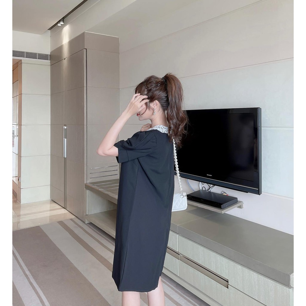 [HÀNG THIẾT KẾ CAO CẤP] Đầm Suông Cổ Ren Công Sở Màu Đen