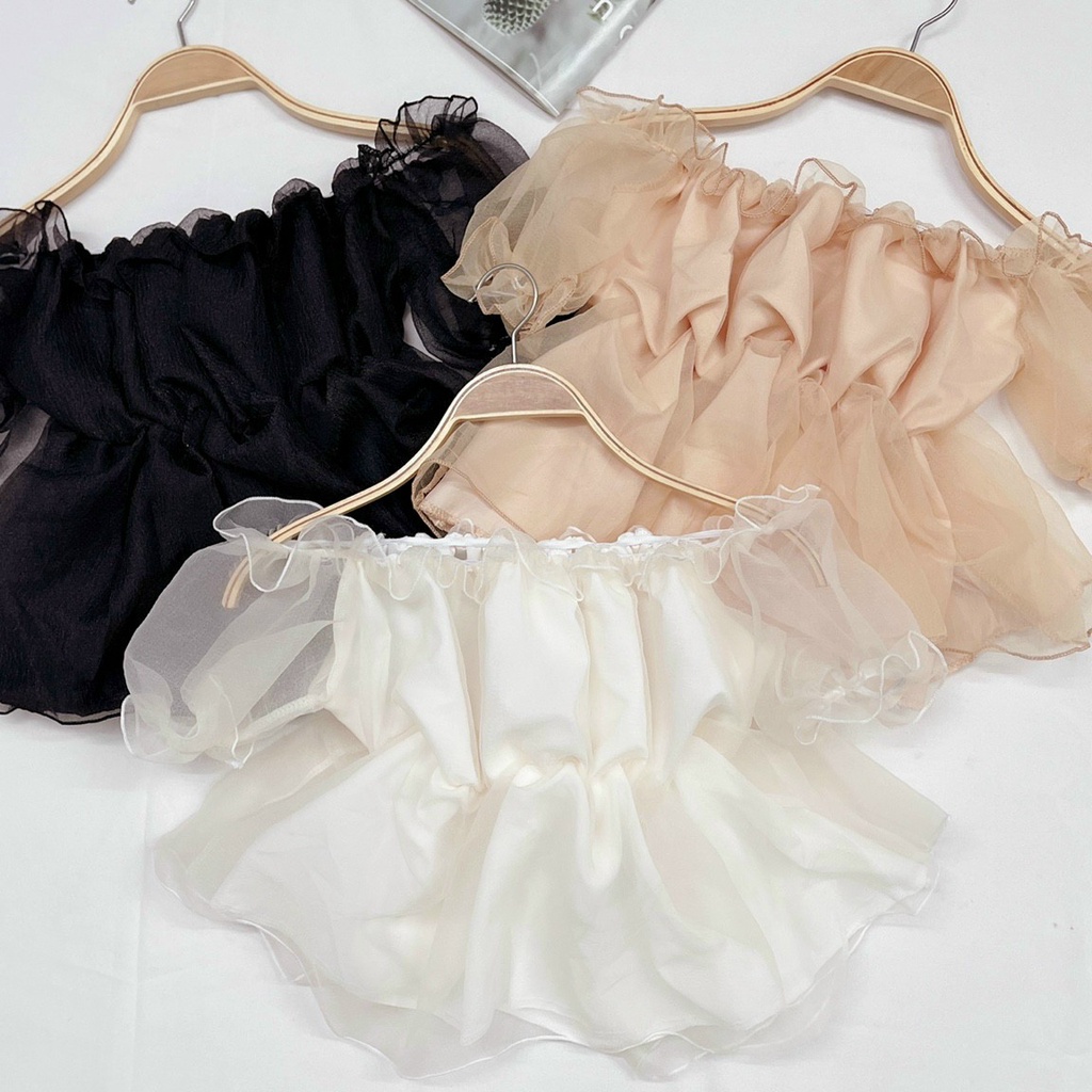 Áo kiểu nữ tay ngắn dễ thương, áo trễ vai h.àn quốc chất voan tơ 2 lớp bồng bềnh dày dặn - AO100 | BigBuy360 - bigbuy360.vn