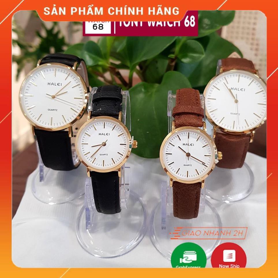 Hot!!! Đồng hồ đôi nam nữ Halei dây da nâu mặt số vạch chính hãng Tony Watch 68 giá re