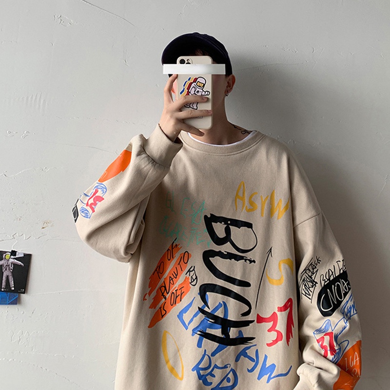 Áo thun IELGY cổ tròn tay dài size lớn vải mỏng họa tiết graffiti phong cách Nhật Bản thường ngày dành cho bạn nam
