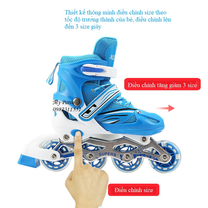 Giày patin trẻ em super siêu rẻ tặng kèm bảo hộ, giày trượt patin điều chỉnh size to nhỏ cho bé trai bé gái