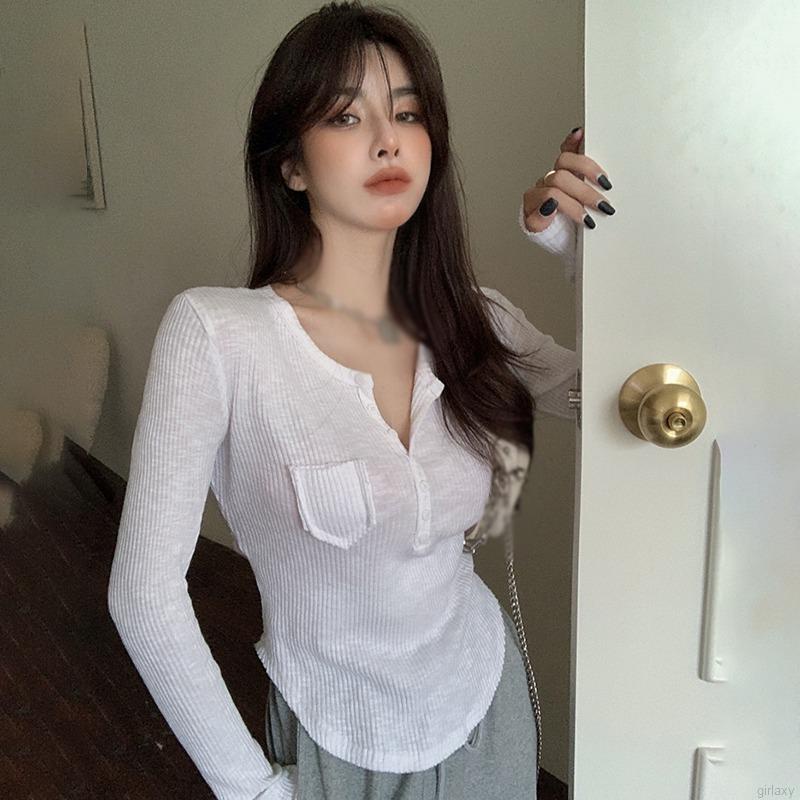 Áo Thun Tay Dài Cổ Chữ V Phong Cách Hàn Quốc Đơn Giản Cho Nữ