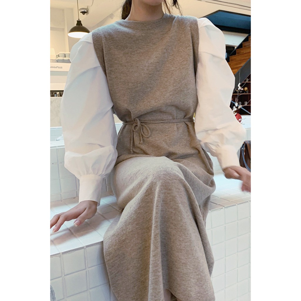 Đầm nữ tay dài cổ tròn phong cách thời trang Hàn Quốc