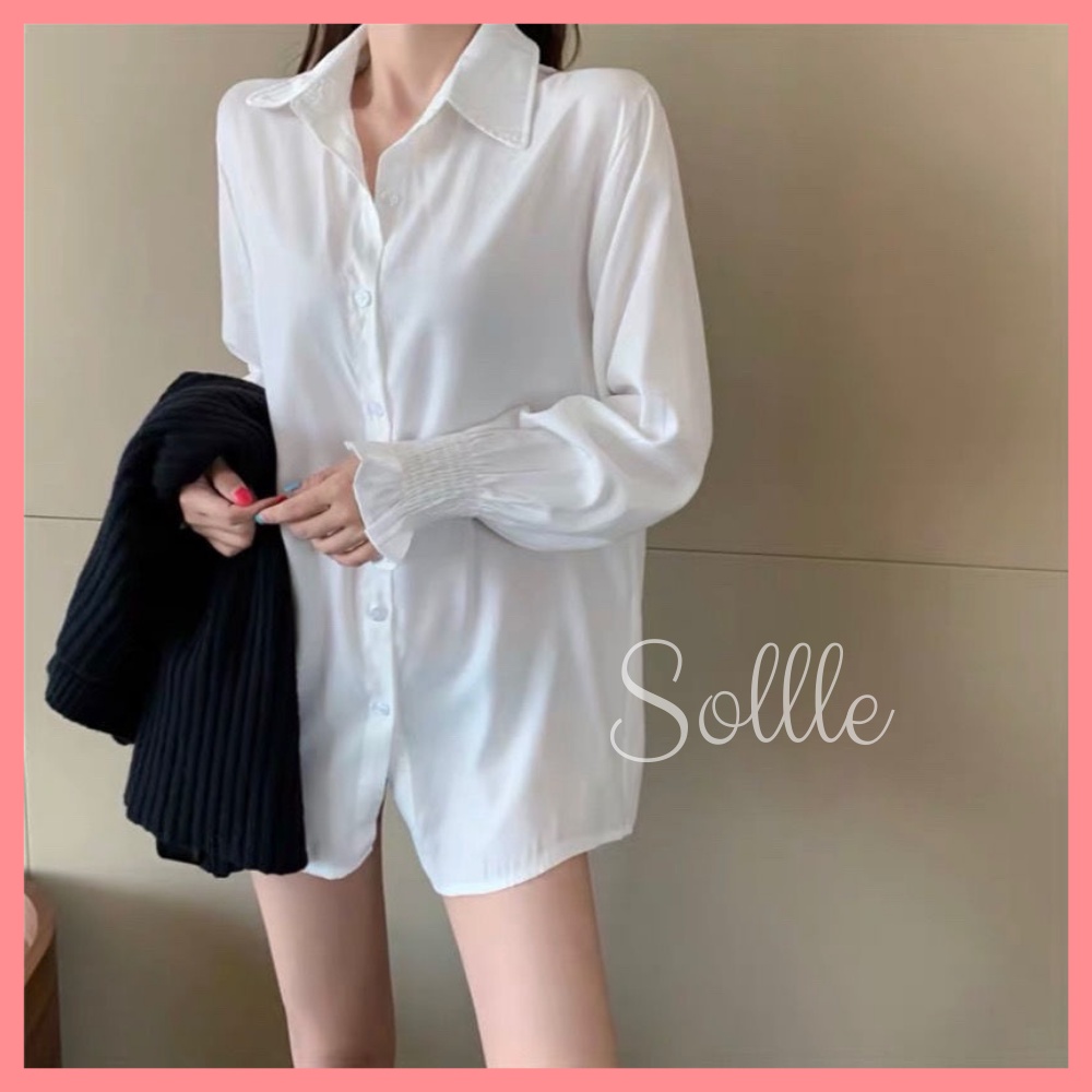 Áo sơ mi nữ trắng kiểu đẹp công sở đi học form rộng tay phồng mùa thu vintage Hàn Quốc Sollle