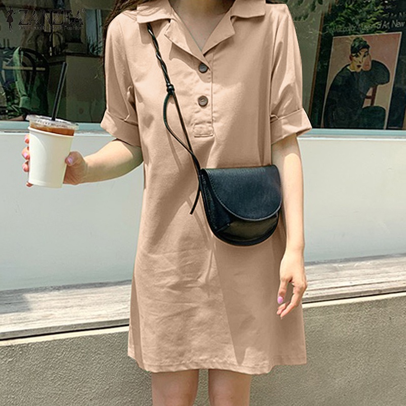 Đầm Zanzea tay ngắn cổ bẻ phong cách Hàn Quốc thời trang cho nữ