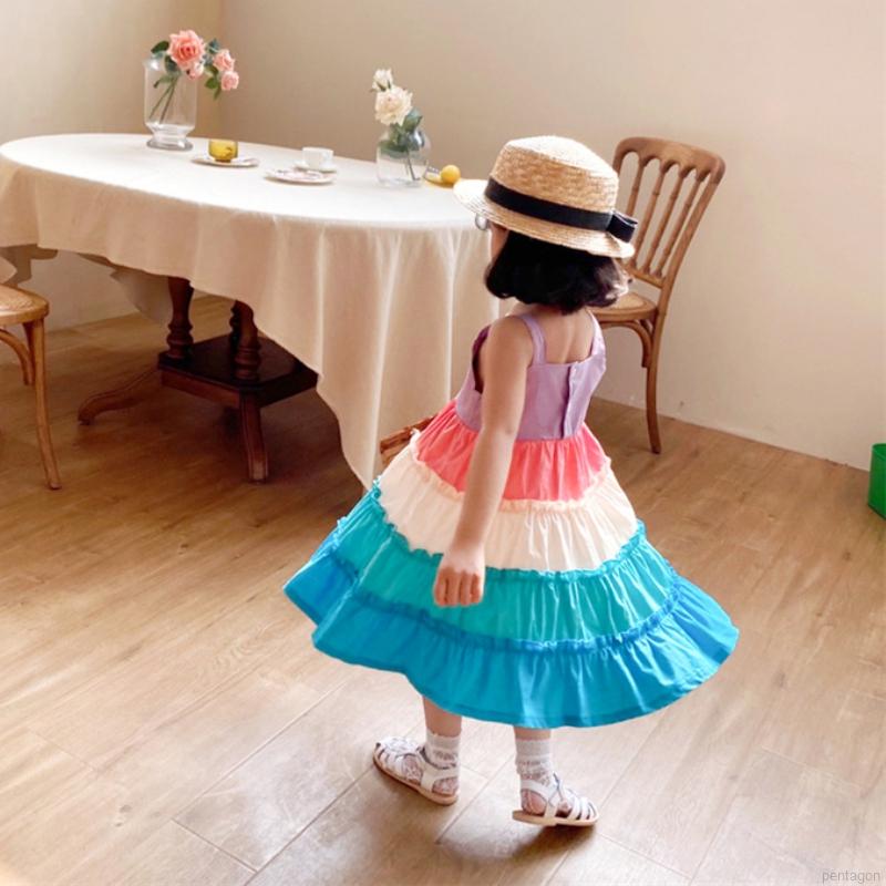 Đầm Tay Dài Phối Màu Cầu Vồng Đáng Yêu Cho Bé Gái