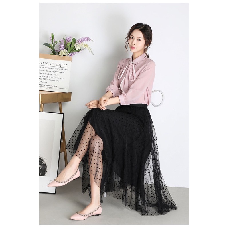 Chân váy xoè công sở vintage voan chấm bi