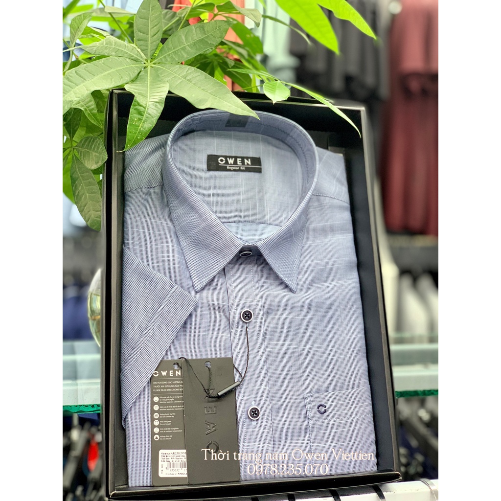 OWEN - Áo sơ mi ngắn tay Dobby xanh trắng sợi Bamboo dáng Regular Fit