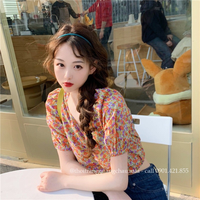 Áo Croptop, áo sơ mi hoa nhí Mã QC70-Hàng quảng châu