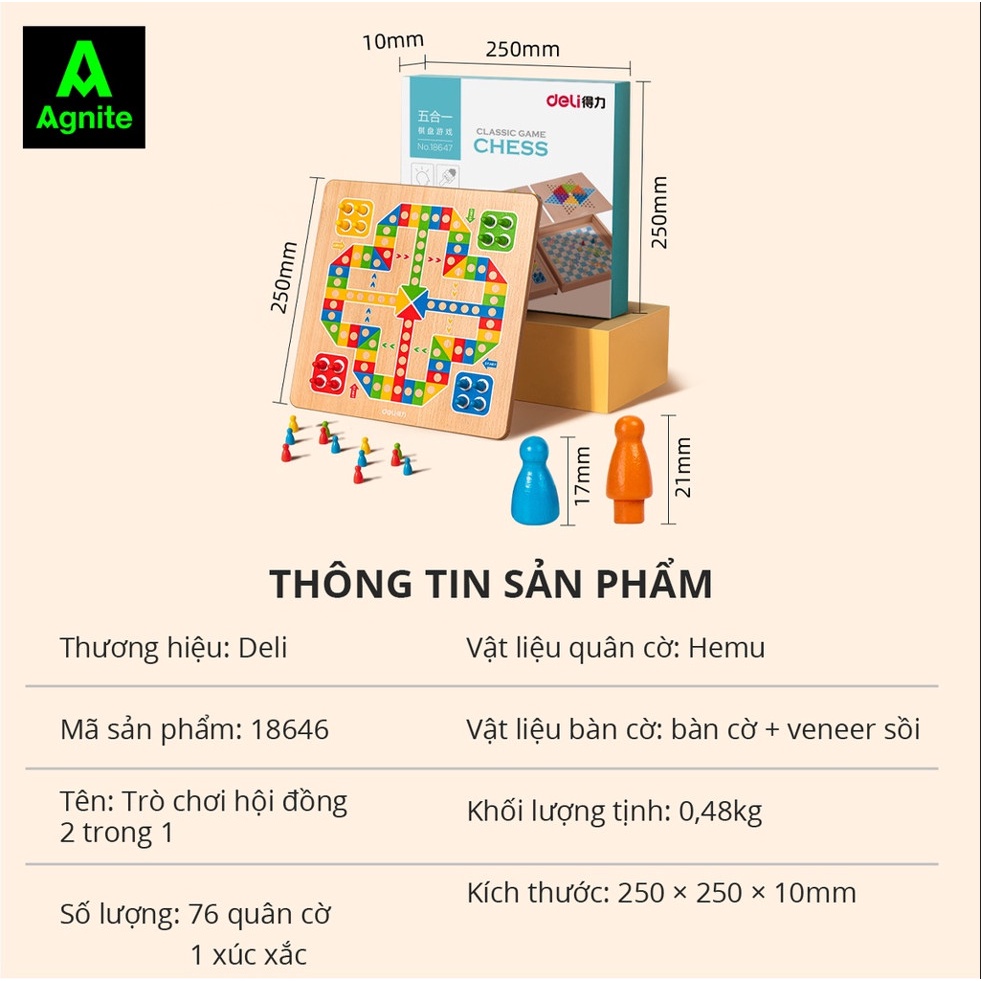 Bộ cờ cá ngựa và cờ nhẩy 2 trong 1 - bàn cờ gỗ + veneer sồi cao cấp phát triển trí tuệ 18648 Deli Agnite
