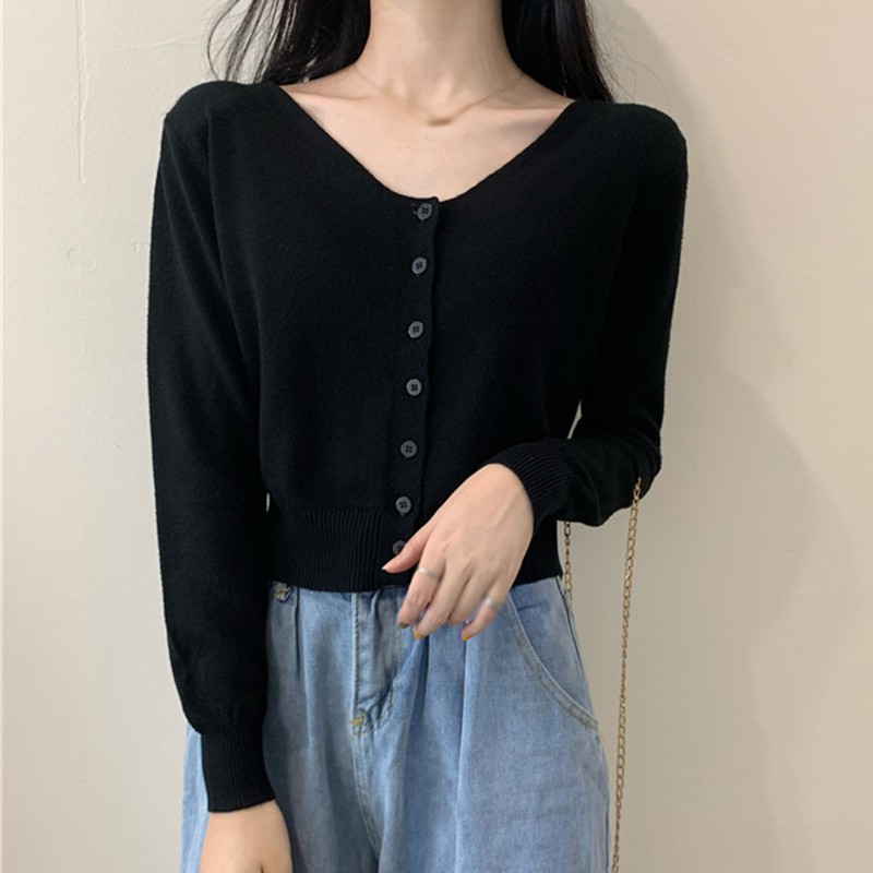 Áo Cardigan Dệt Kim Tay Dài Thiết Kế Cổ Chữ V Thanh Lịch