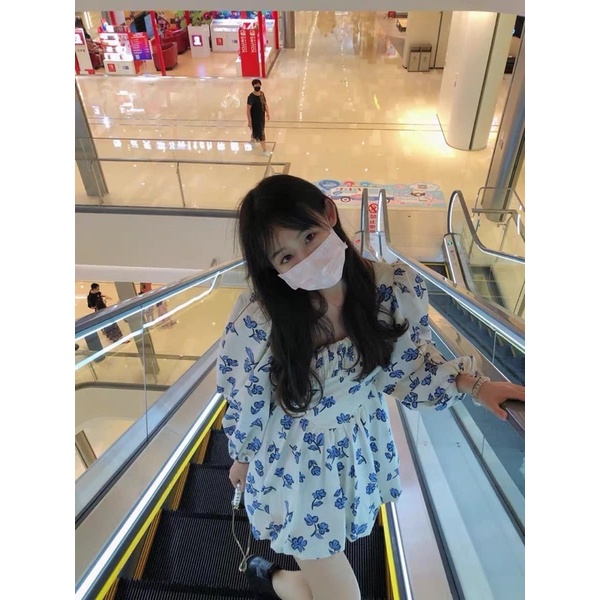 Váy hoa nhí cổ vuông tay bồng hoạ tiết bông hoa xanh ulzzang (hàng sẵn) | BigBuy360 - bigbuy360.vn