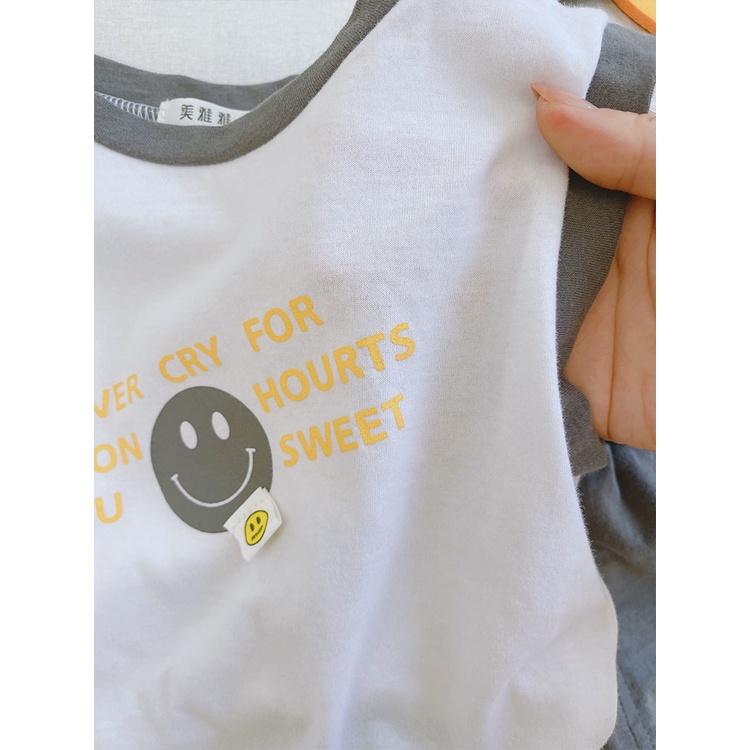 Set Áo Thun Ba Lỗ 100% Cotton Và Quần Short Thoáng Khí In Hình Mặt Cười Thời Trang Mùa Hè Cho Bé