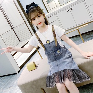 Set Áo Thun Ngắn Tay + Đầm Yếm Jeans Thời Trang Cho Bé Gái