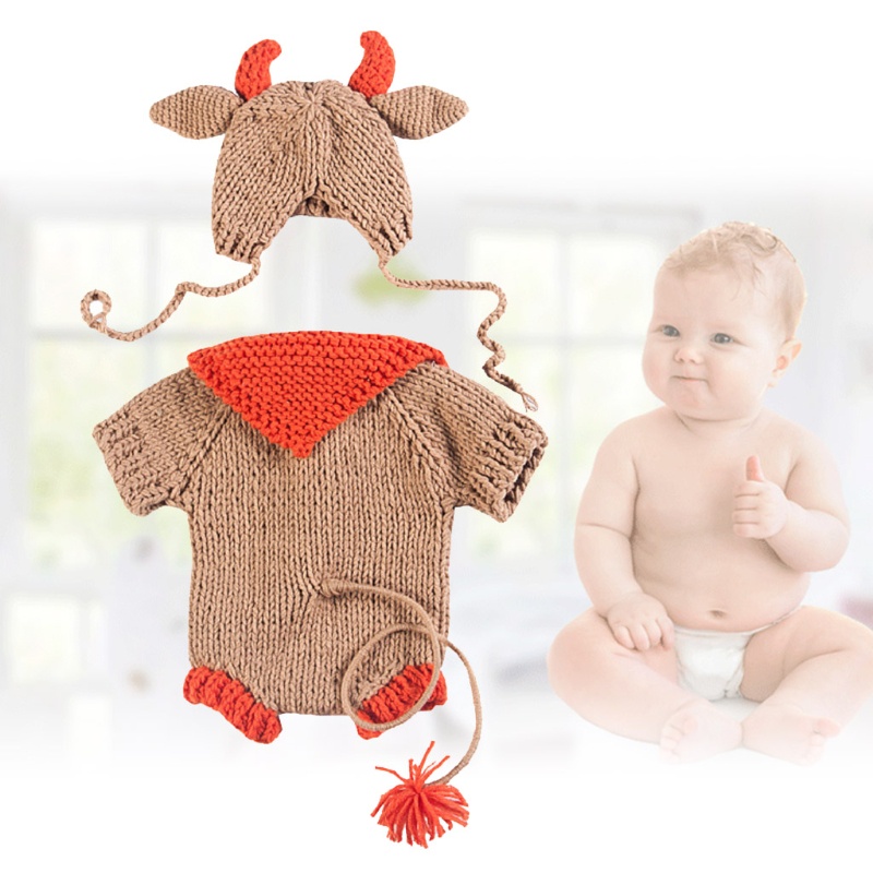 Set Đồ 2 Món Gồm Áo Liền Quần Dệt Kim + Nón + Băng Cài Đầu Chụp Ảnh Cho Bé Sơ