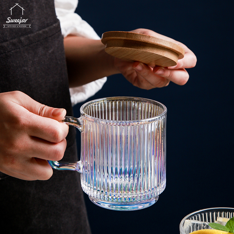 Cốc cà phê nước ép cocktail SWEEJAR thủy tinh không chì có nắp đậy gỗ và quai cầm 350ml tiện lợi