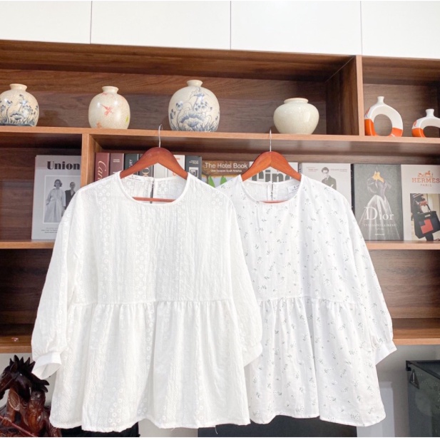 Áo sơ mi nữ tay dài form rộng CKA877, kiểu áo nữ dáng babydoll cổ tròn tay bồng hoa văn dập nổi style hàn quốc cực xinh