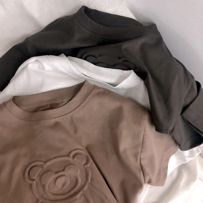 [Hàng Mới Về] Áo Thun Cotton Tay Lỡ In Nổi Hình Gấu Dập Nổi Ba Chiều Phong Cách Unisex Hàn Quốc Cho Bé Trai 8 Tuổi