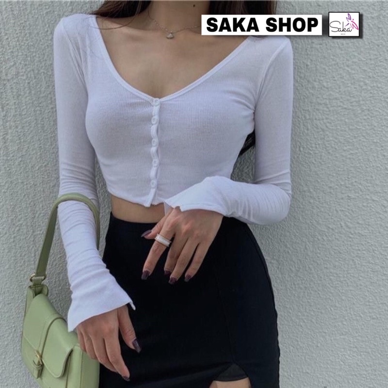 Áo croptop nữ tay dài cổ v có nút nhiều màu