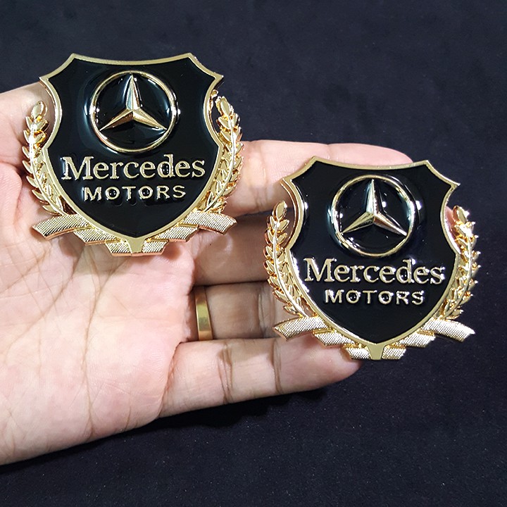 Bộ 2 miếng dán logo kim loại chữ MERCEDES bông lúa