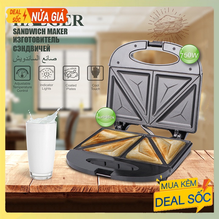 Máy ép nướng bánh Sandwich Haeger khuôn 2 mặt chống dính