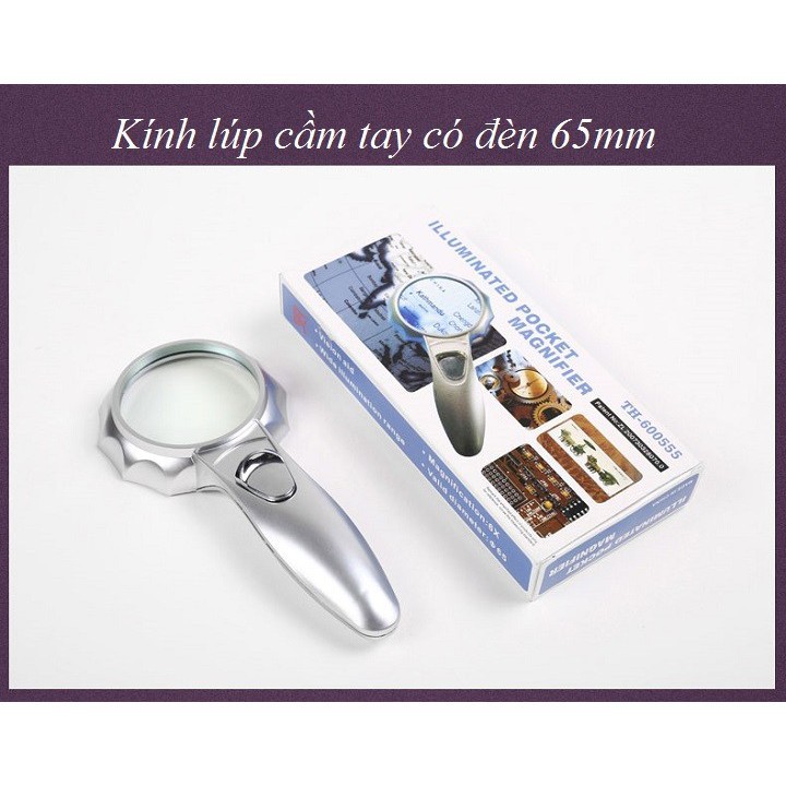 Kính lúp cầm tay 6X 💗𝑭𝑹𝑬𝑬𝑺𝑯𝑰𝑷💗 Kính lúp 65mm có đèn TH-600555