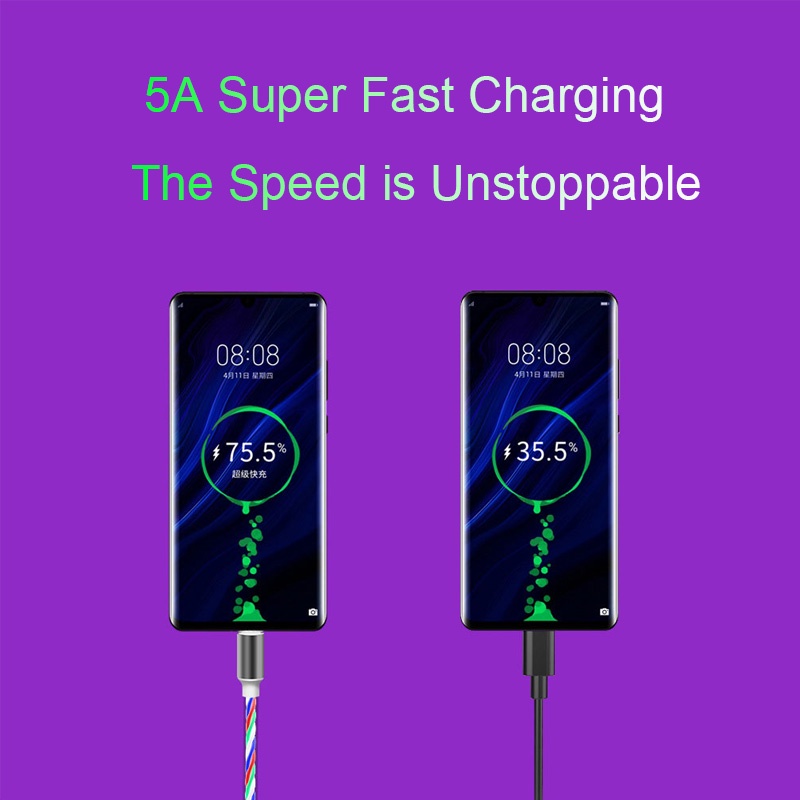 Dây Cáp Sạc Nhanh USB Loại C 5A Có Đèn LED Phát Sáng Nhiều Màu Sắc Dành Cho Điện Thoại Di Động